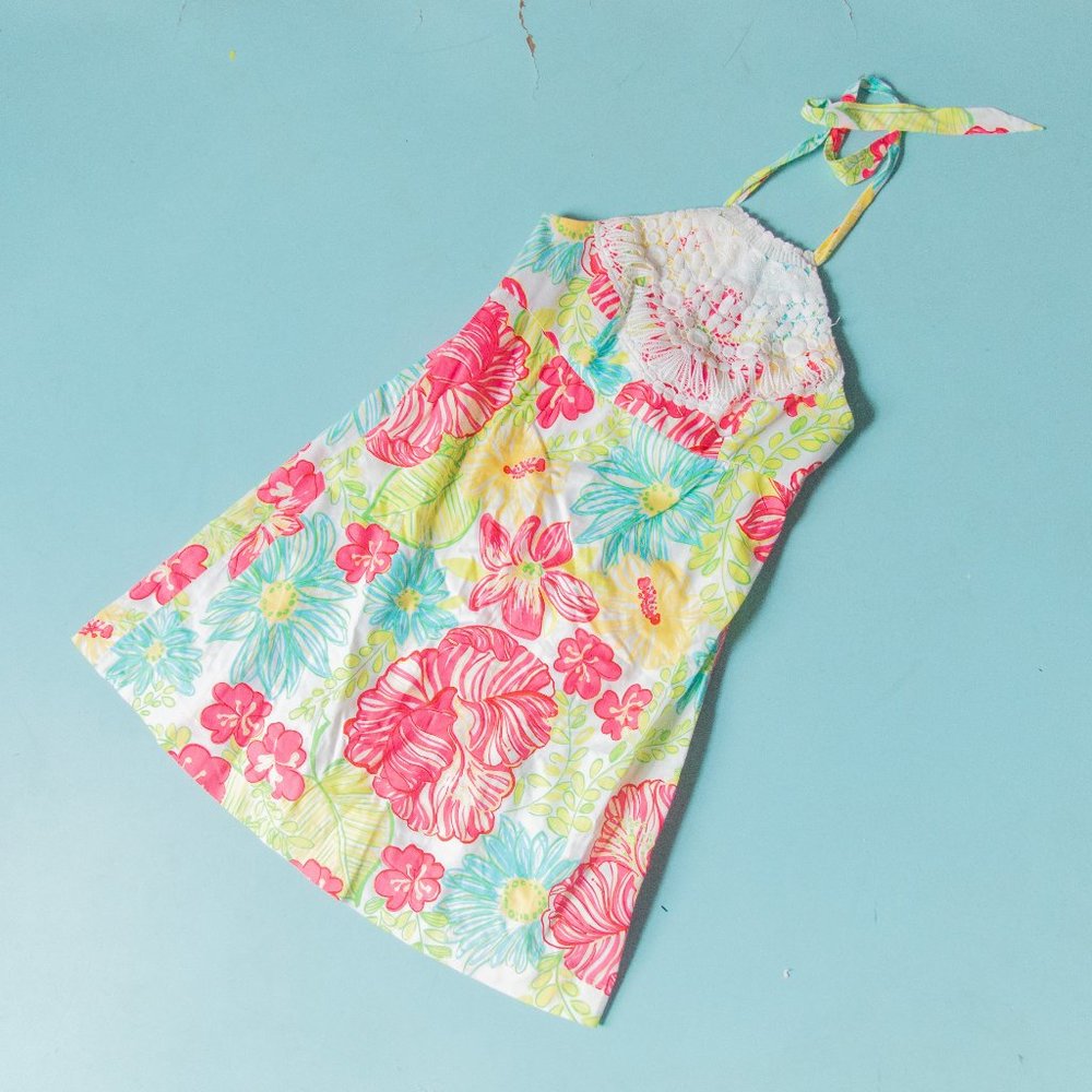 Lilly Pulitzer Brighton Boca Chica Y2K FloralCrochet Halter Neck Dress Size 4